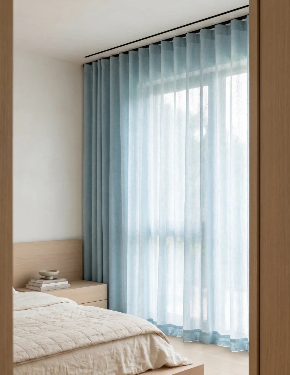 Linen-Look Light-Filtering Curtain - Sky Blue