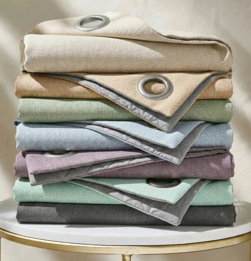 Stack of folded made-to-measure Qurtens blackout thermal acoustic curtains with metal eyelets, colour range: beige, cream, sage, blue, lilac, mint, charcoal